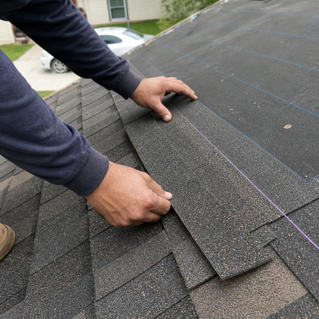 Professional roofer installing asphalt shingles on a residential roof