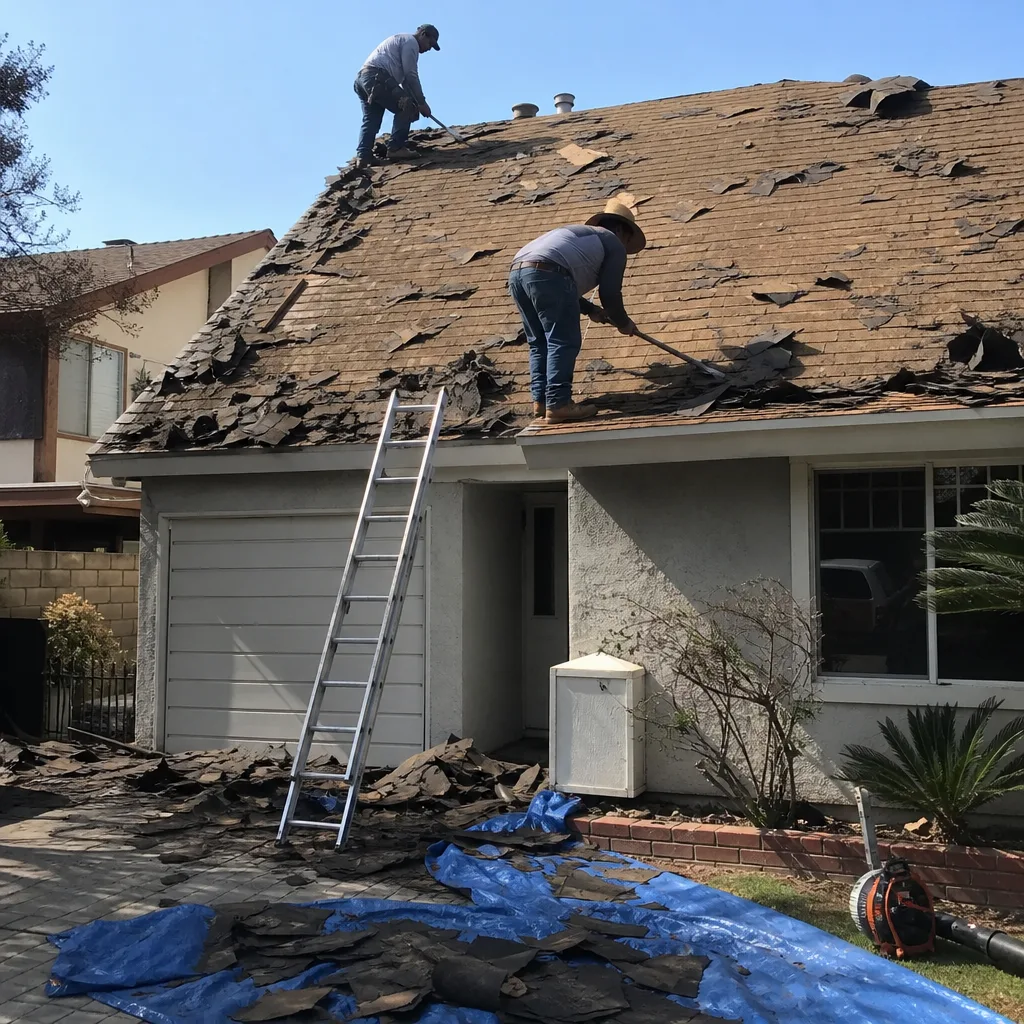 Two professional roofers stripping old asphalt shingles during a roof replacement project