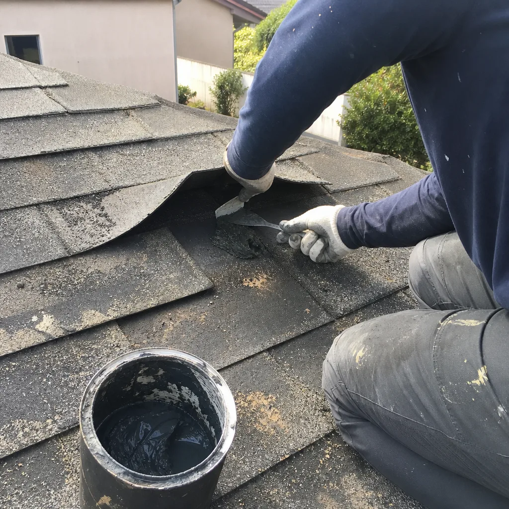 Professional roofer applying sealant to repair damaged roof shingles