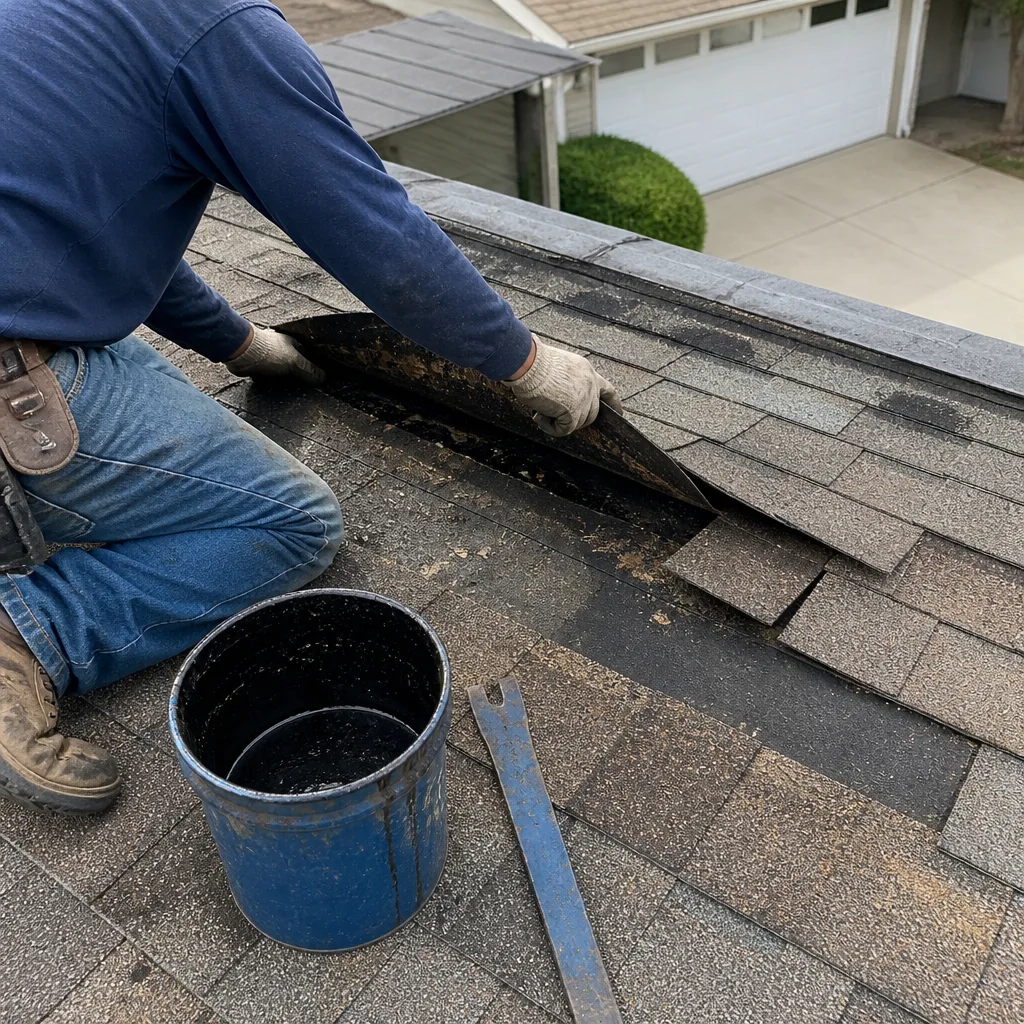 Professional roofer performing shingle roof repair with adhesive bucket