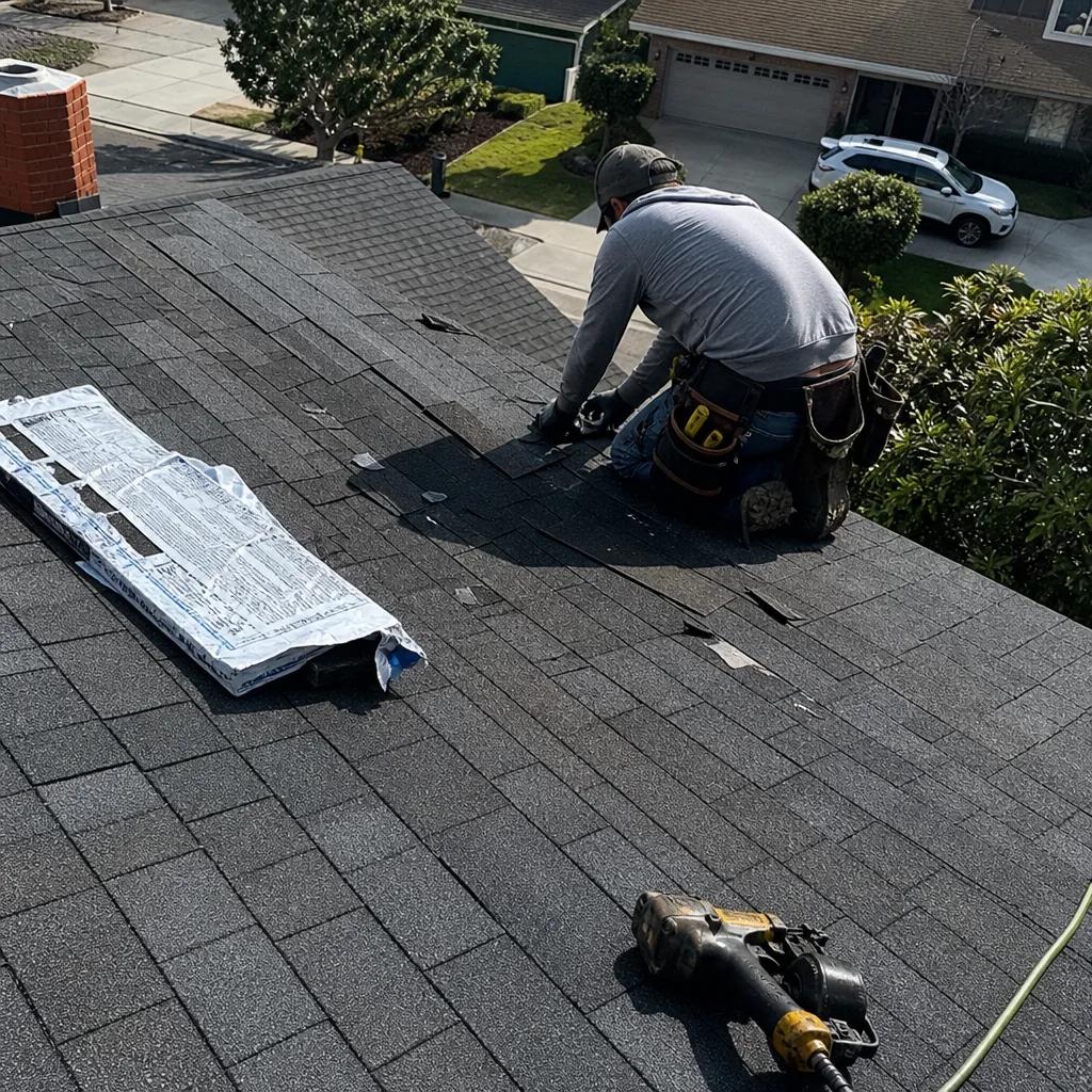 A roofing contractor repairing shingles on a residential roof